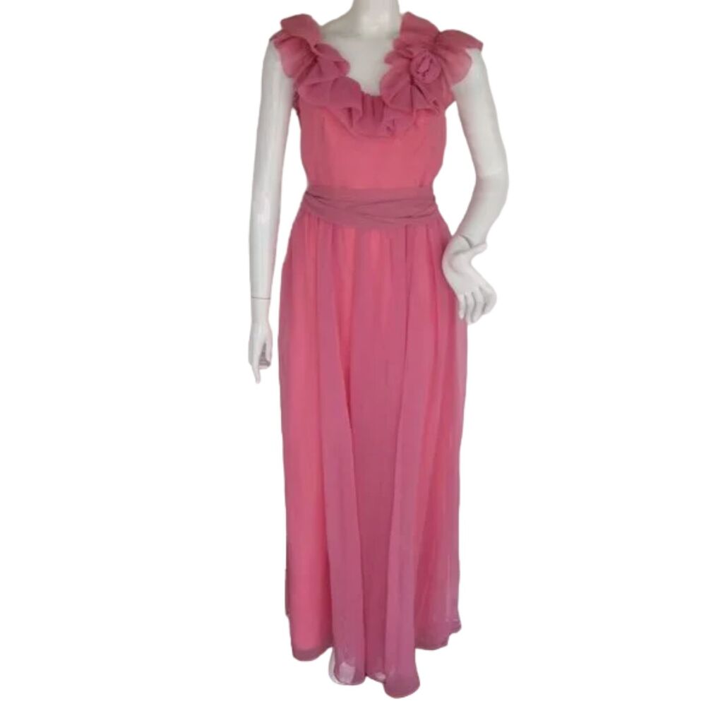 Vintage 70s Prom Dress, S, Sherbet Pink, Chiffon, Sash belt, Ruffle neck, Maxi